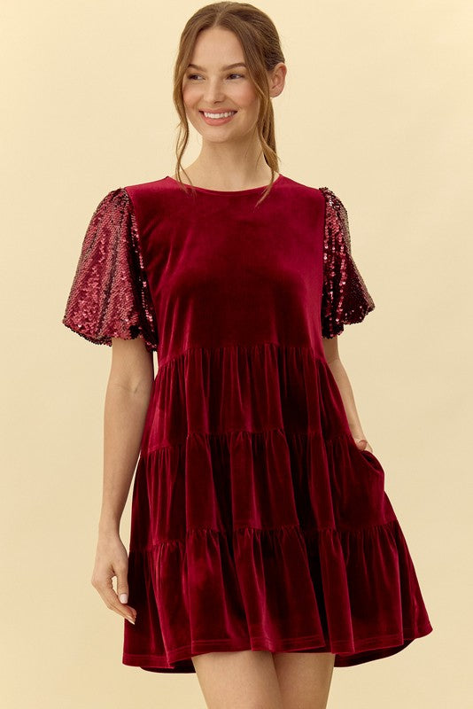 Sequin and Velvet Tiered Dress