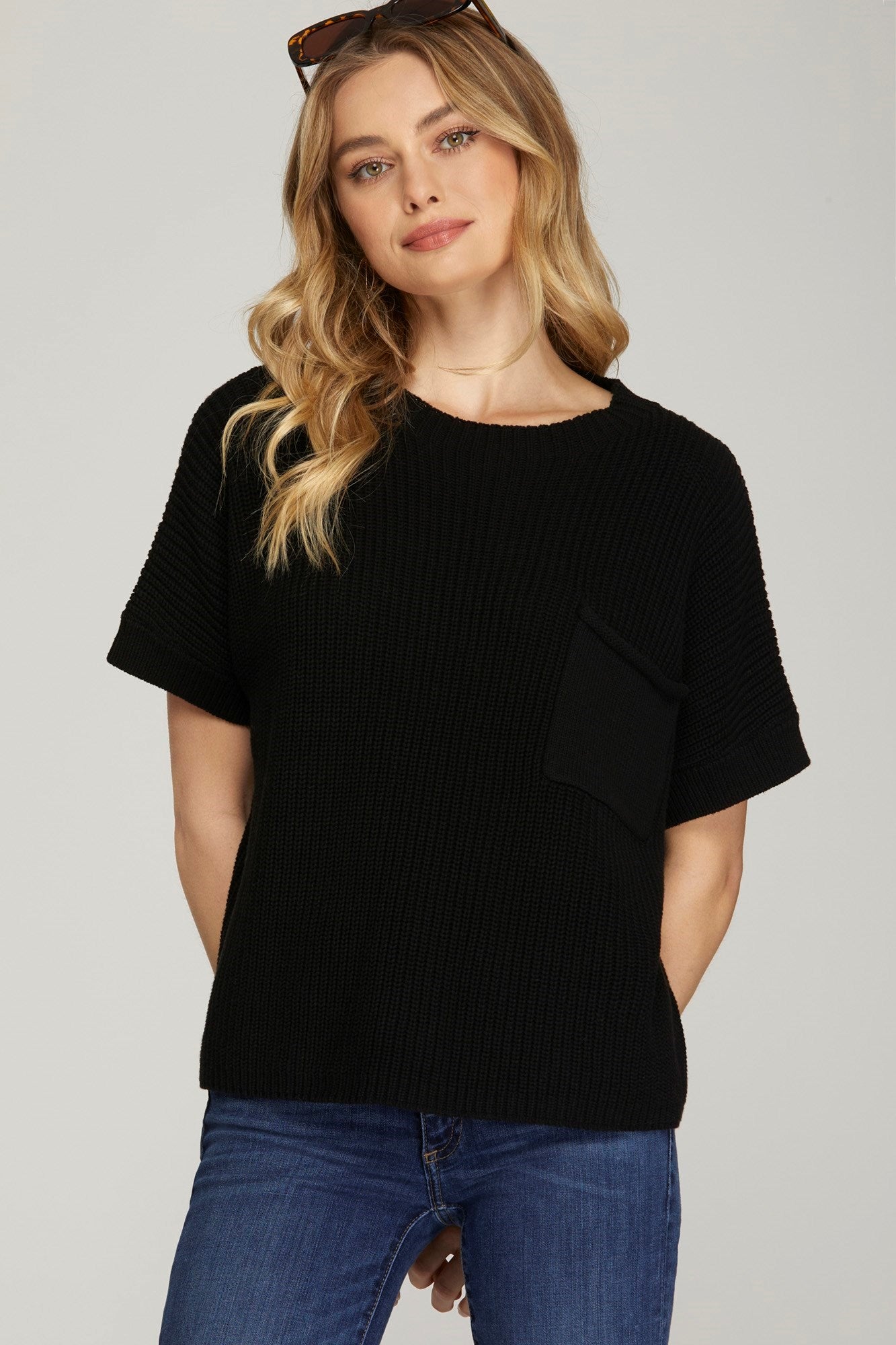 Black Sweater Pocket Blouse