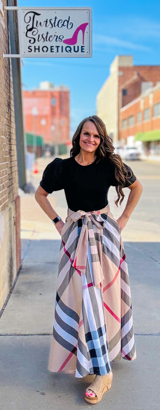 maxi dress with black top attached plaid skirt  tie waist