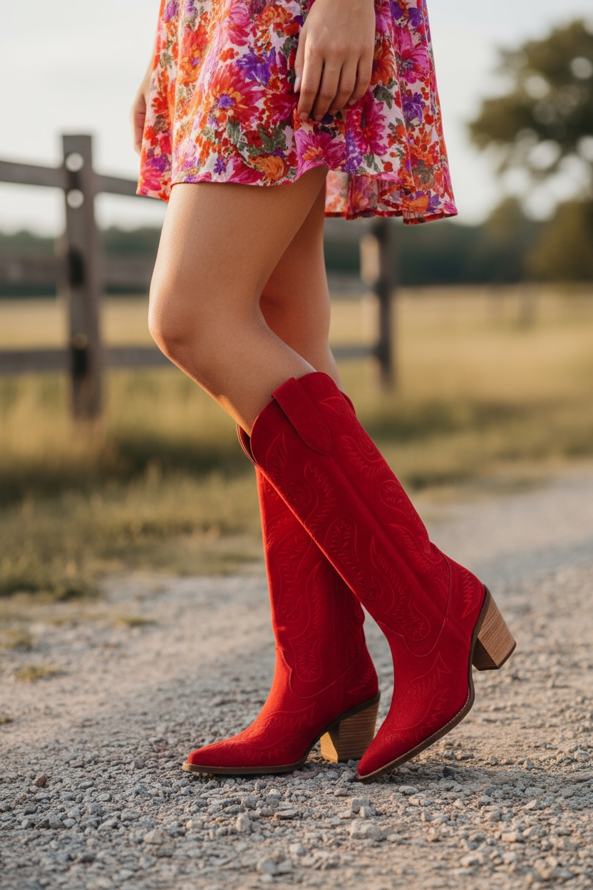 Person wearing red knee-high boots and a colorful dress standing on a gravel path with a blurred natural background.