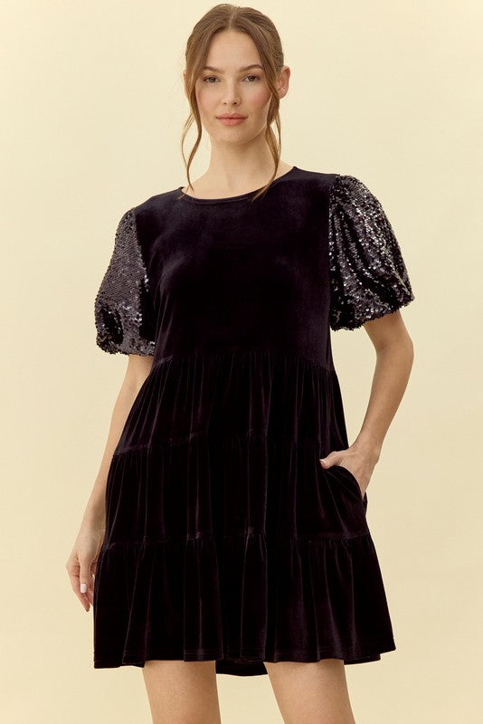 Sequin and Velvet Tiered Dress