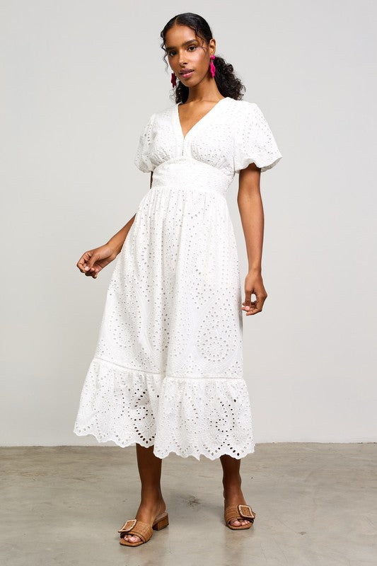 White Smocked Waist Eyelet Dress