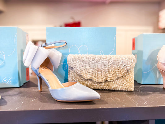 blue satin close toe ankle strap with tulle bow detail