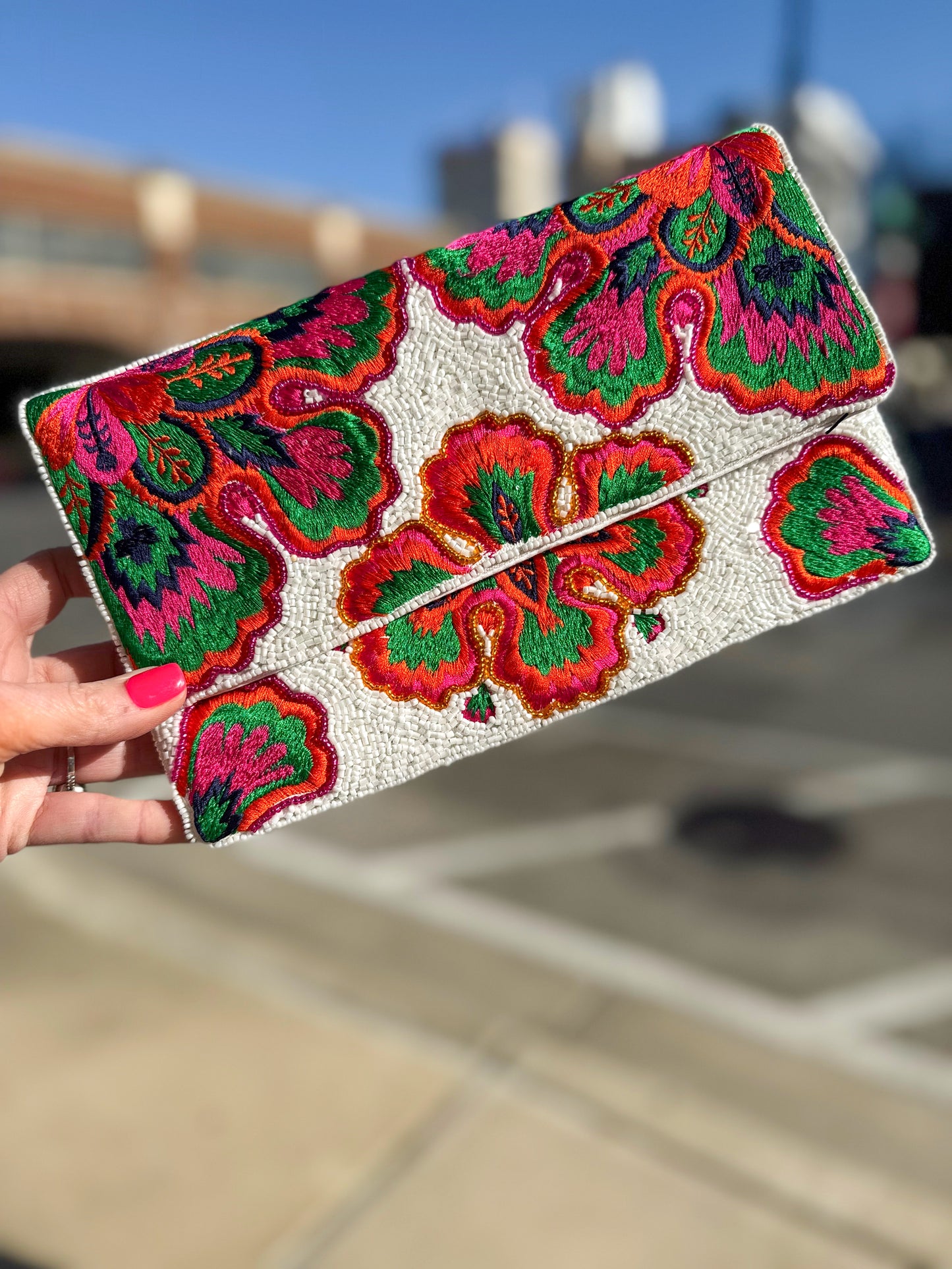 Multi color floral clutch embroidered beaded crossbody