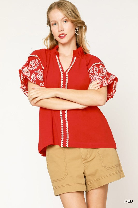 red short sleeve embroidered puff sleeve v-neck with mock pleated collar