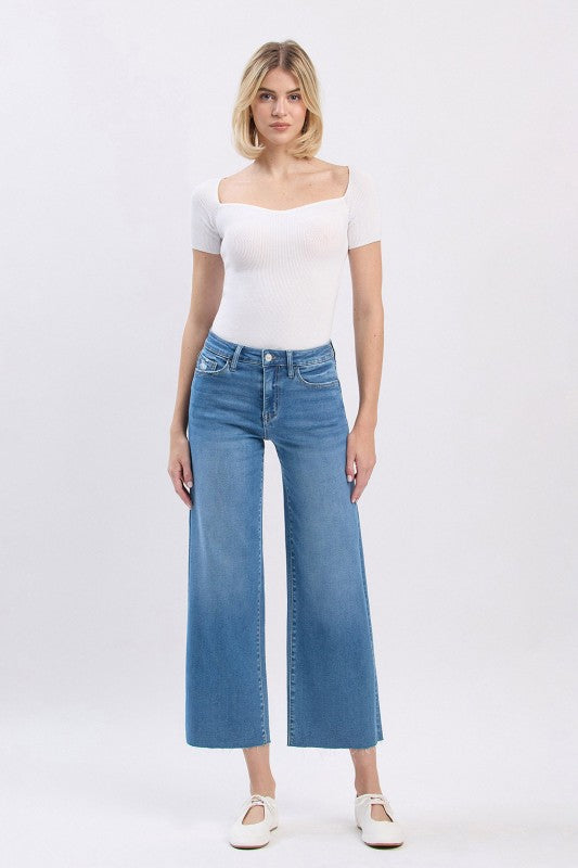 High Rise Raw Hem Crop Slim Wide Jeans