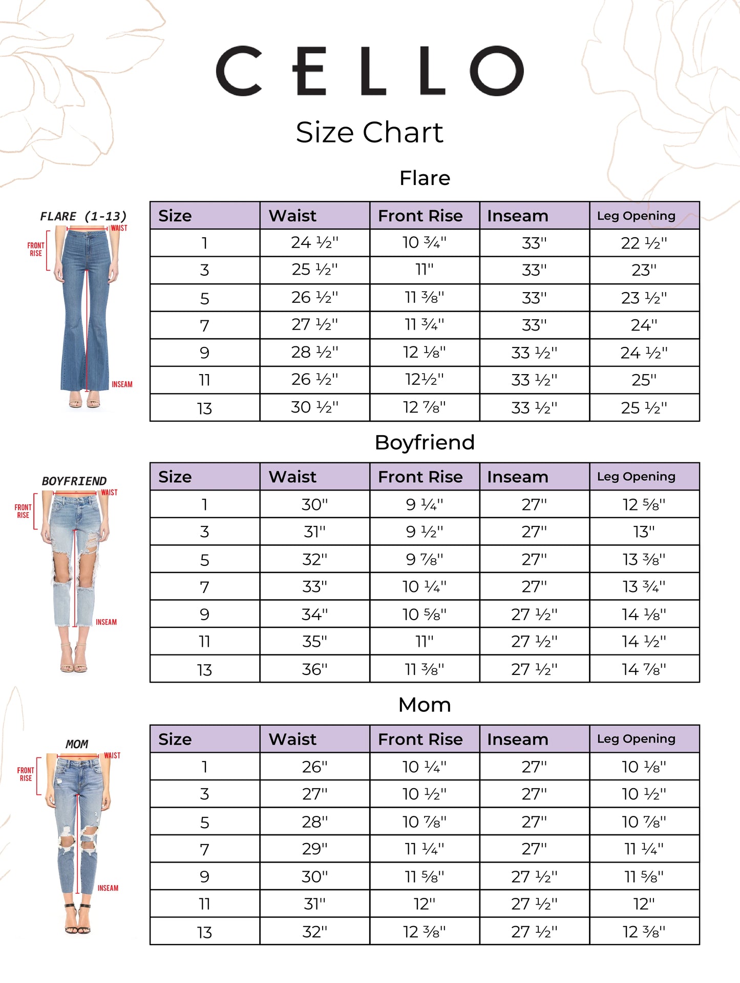 Cello Jeans size chart