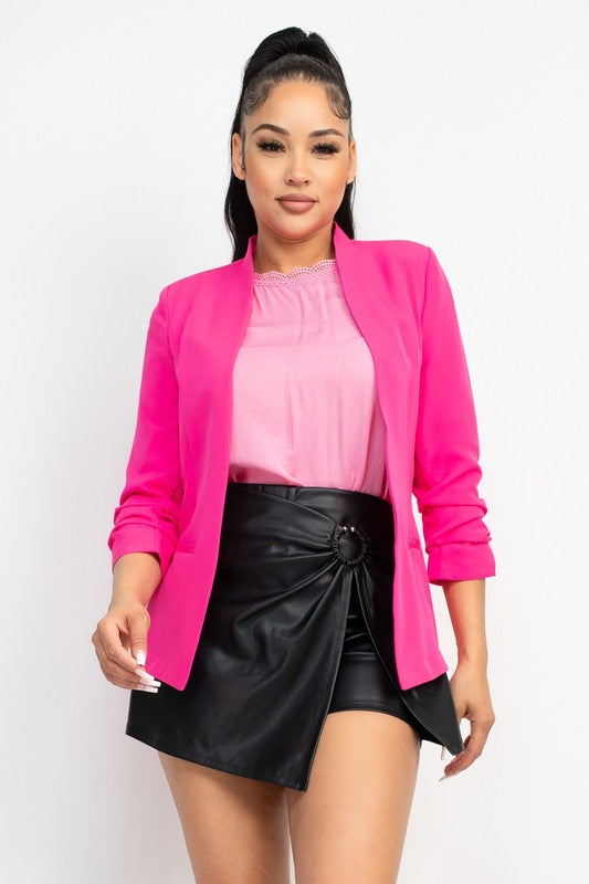 Ruched Sleeve Open Front Blazer