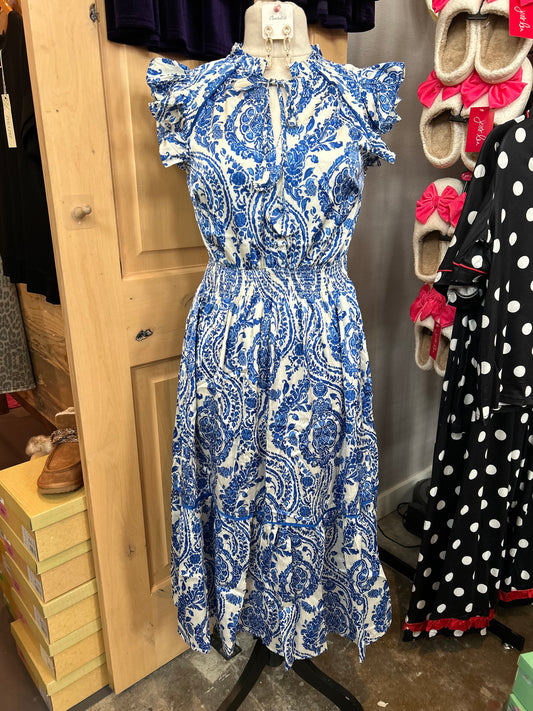 Smocked Waist Paisley Flutter Sleeve Dress