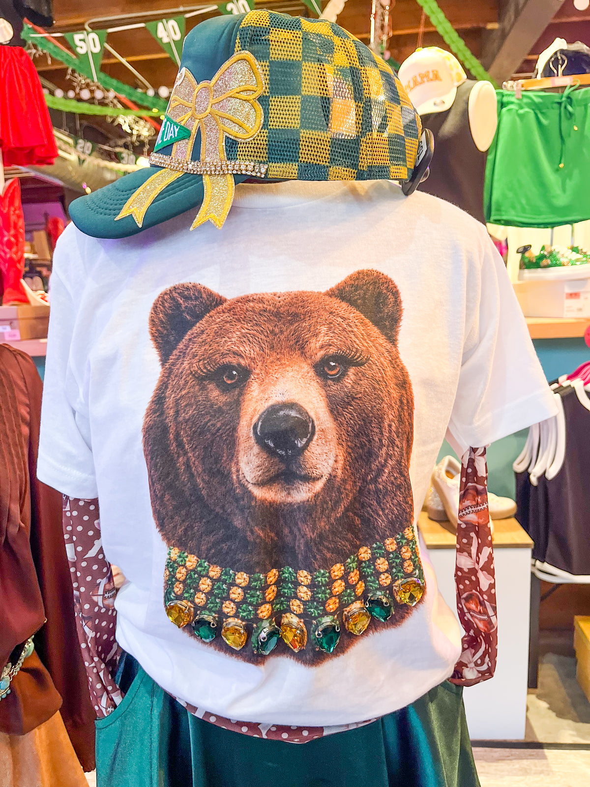Jeweled Collar Green & Gold Bear Graphic Tee