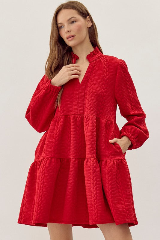 Red Texture Long Sleeve Dress