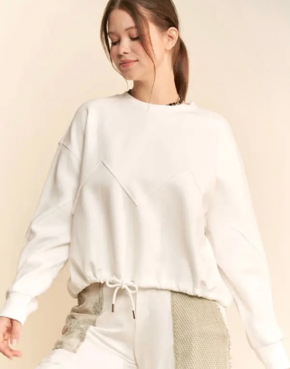 Fresh Start Cinch Hem Sweatshirt – Ivory - Twisted Sisters Shoetique