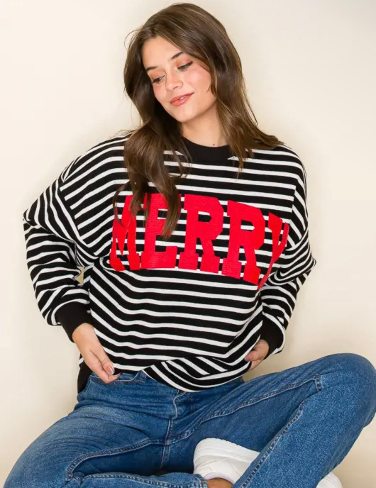 MERRY Black & White Striped Christmas Sweatshirt
