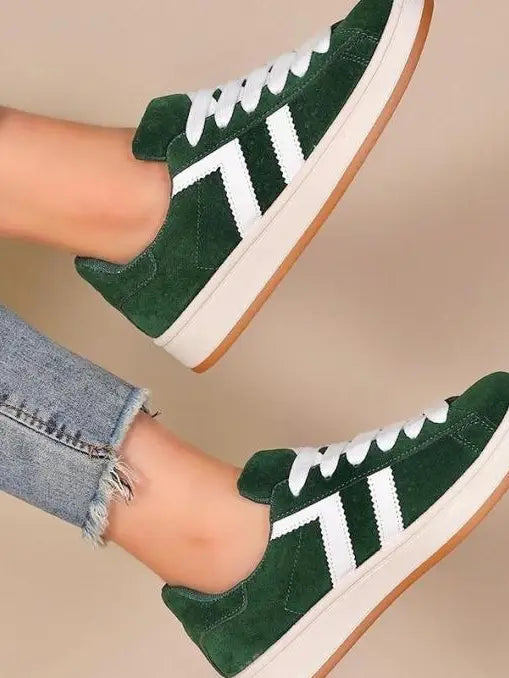 Retro suede lace-up sneakers for women in green and blue
