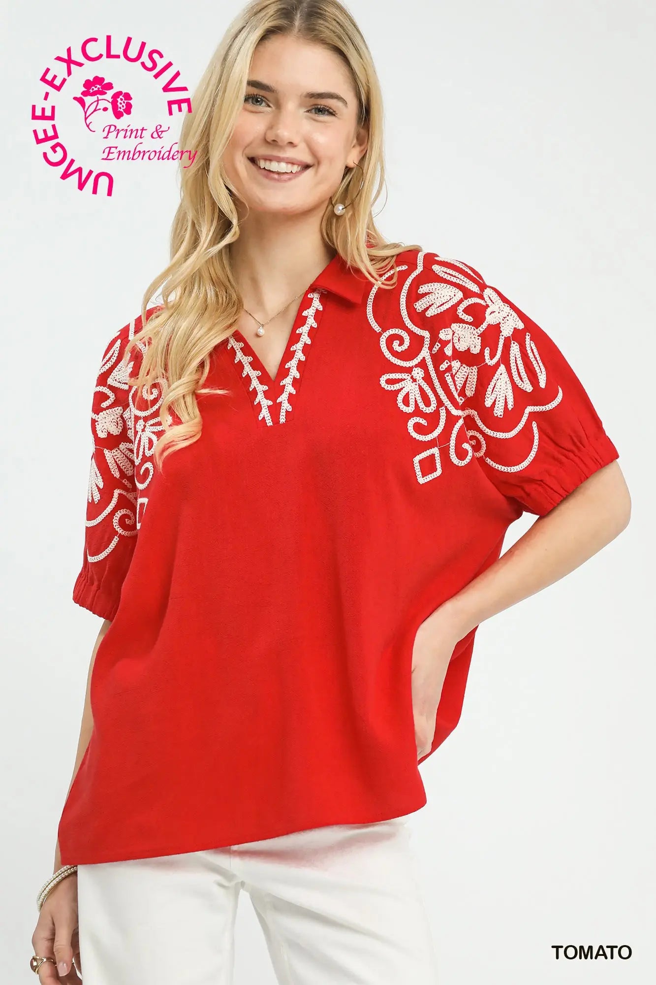 Tomato Floral Embroidered Blouse
