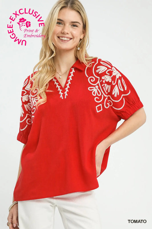 Tomato Floral Embroidered Blouse - Twisted Sisters Shoetique