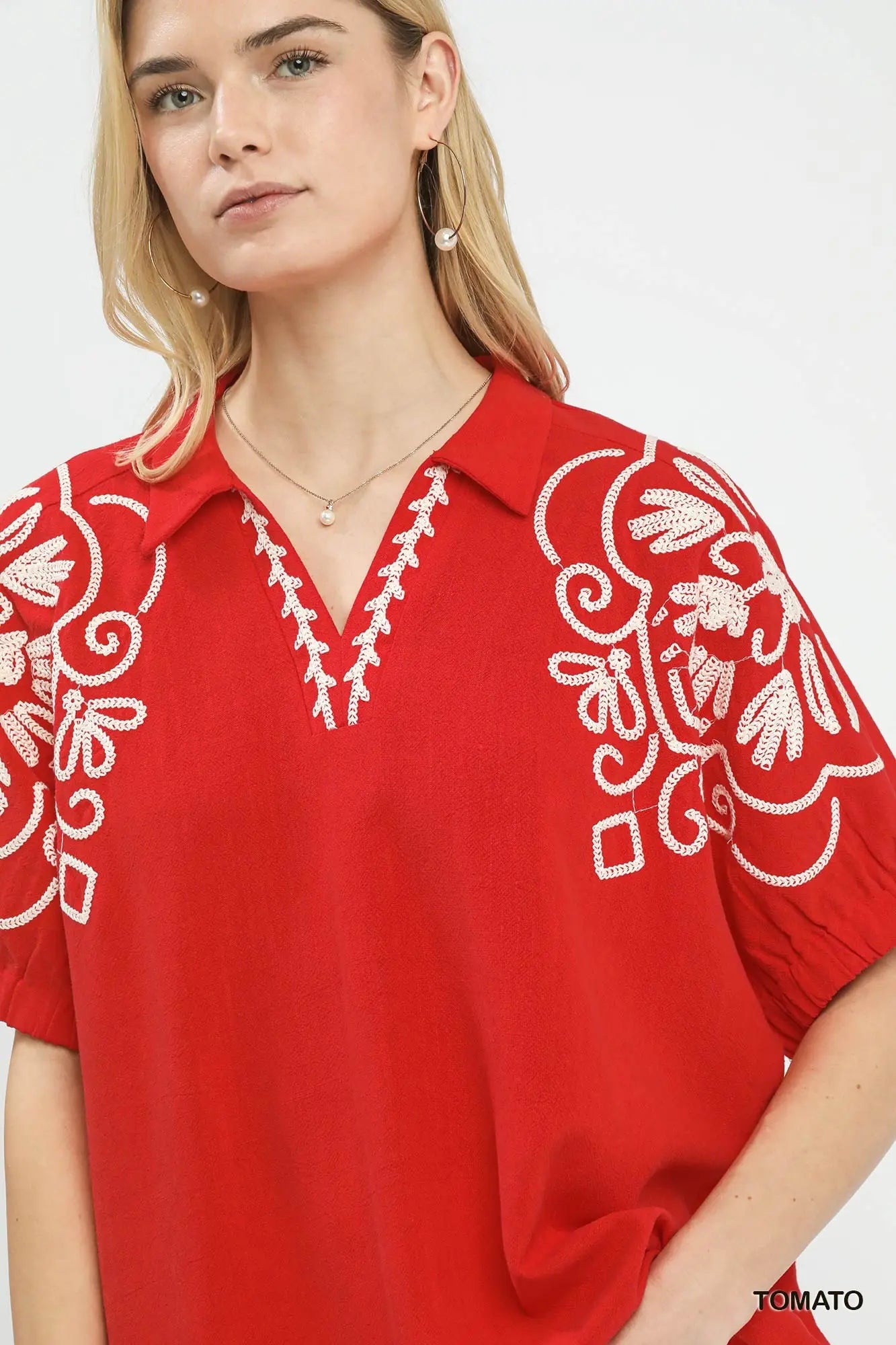 Tomato Floral Embroidered Blouse
