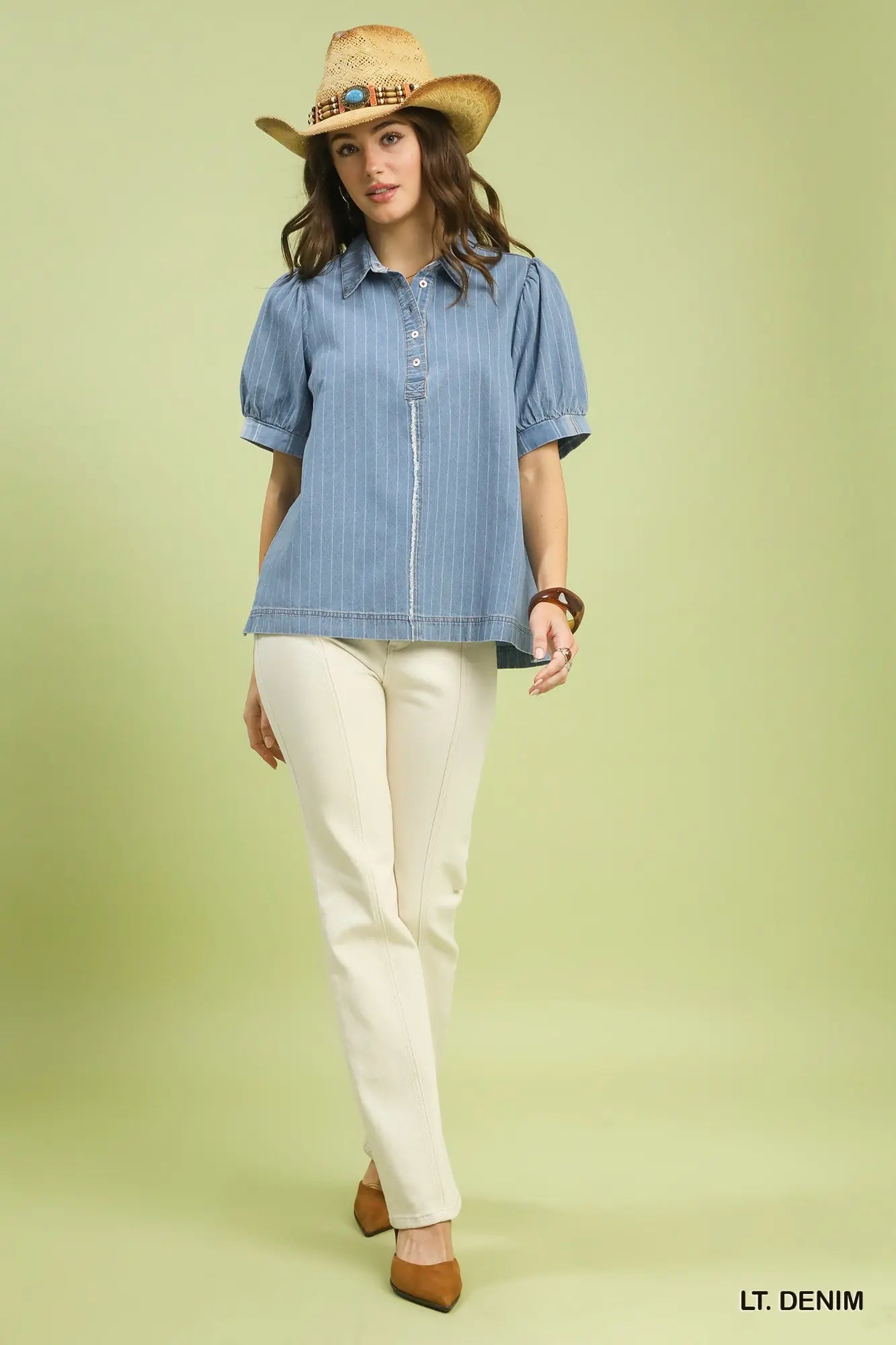pinstripe chambray puff sleeve top front view