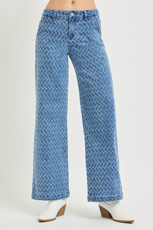 High Rise Textured Wide Leg Jeans