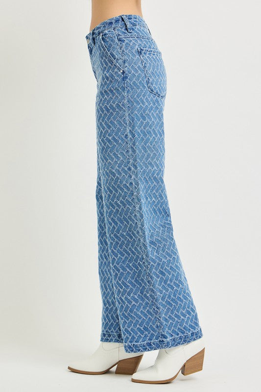 High Rise Textured Wide Leg Jeans