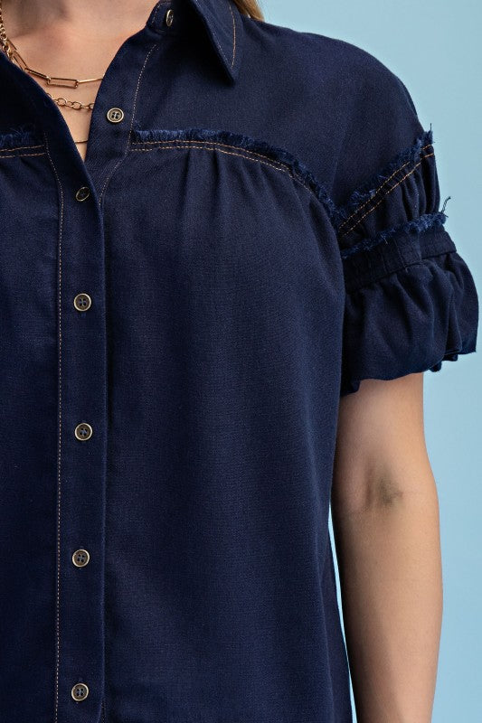 Linen Gathered Button Down Top