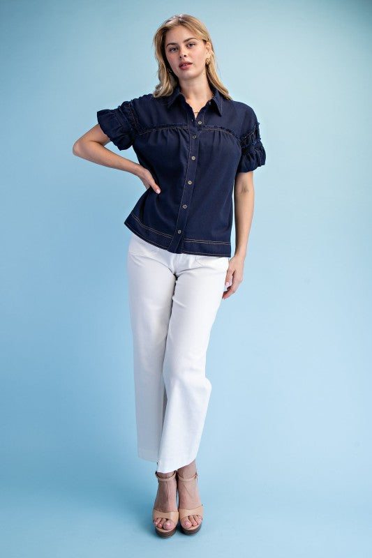 Linen Gathered Button Down Top