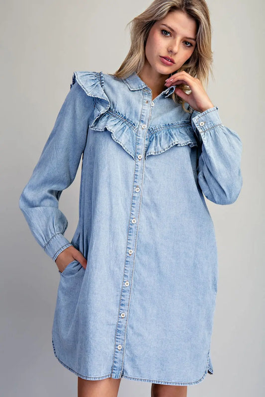 Chambray Ruffle Button Down Dress - Twisted Sisters Shoetique