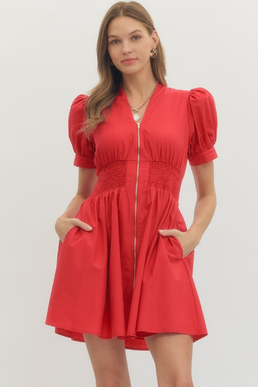 Solid puff sleeve V-neck mini dress with smocked waist front zip and side pockets lightweight woven boutique dress