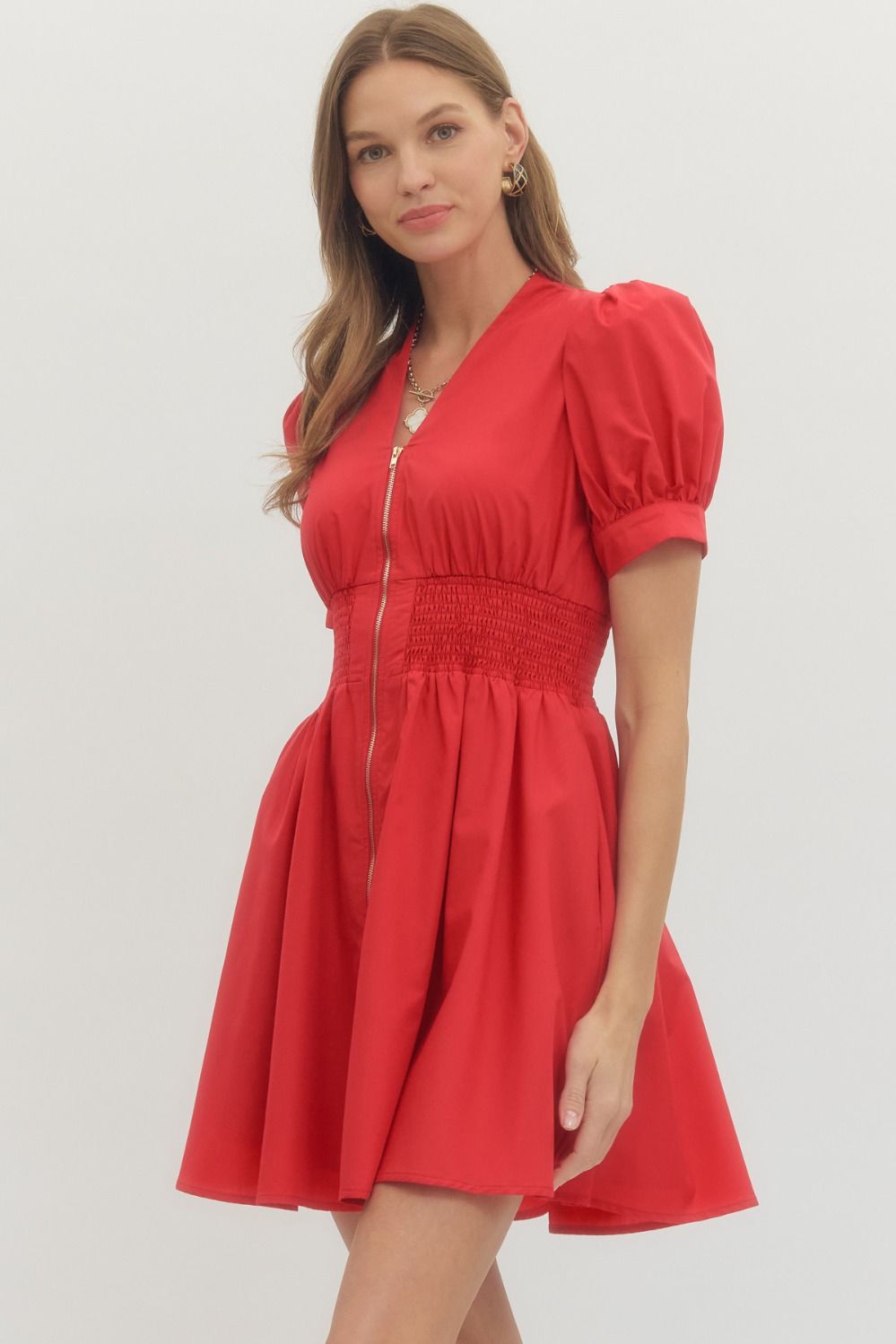 Solid red puff sleeve V-neck mini dress with smocked waist front zip and side pockets lightweight woven boutique dress