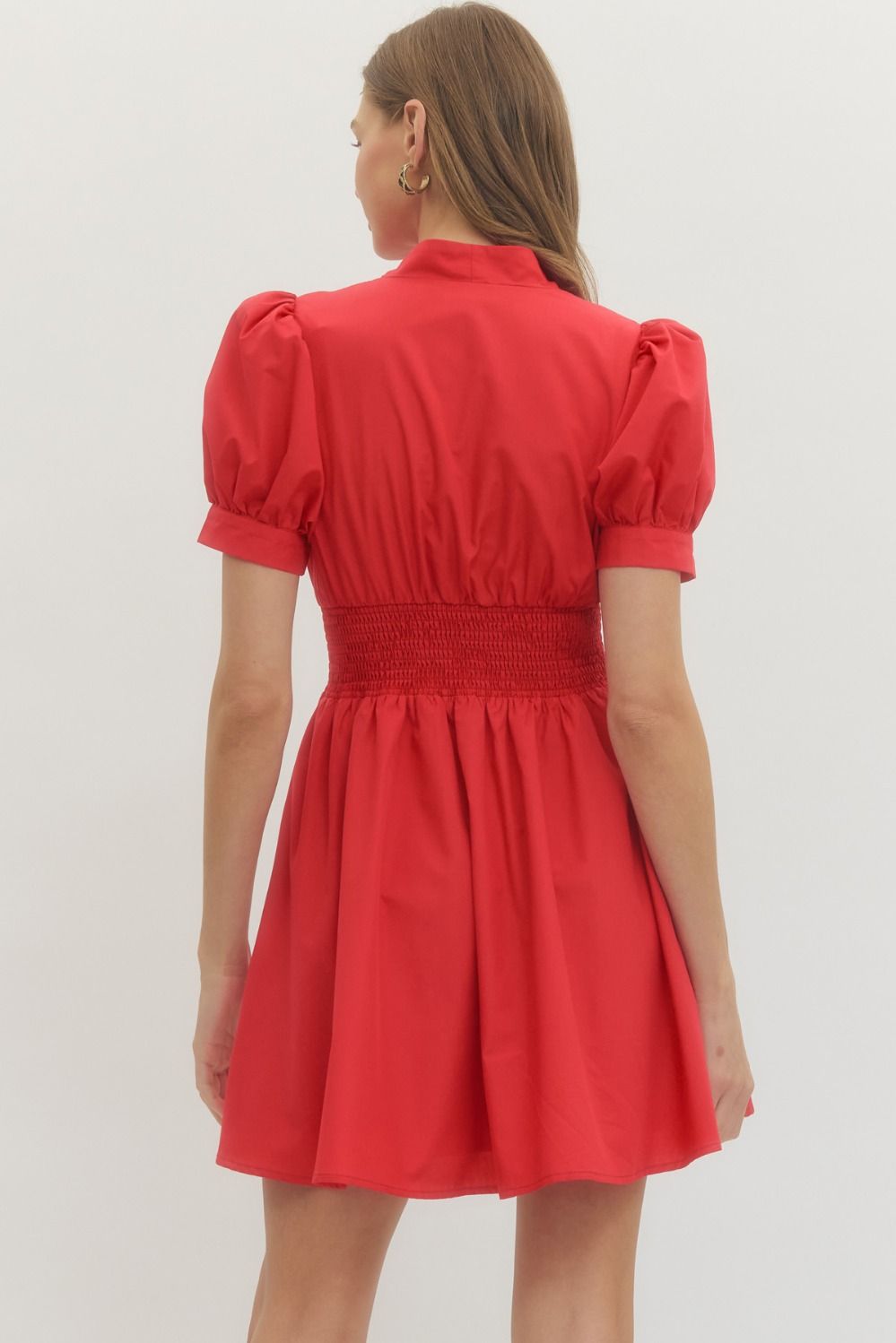 Solid puff sleeve V-neck mini dress with smocked waist front zip woven boutique dress