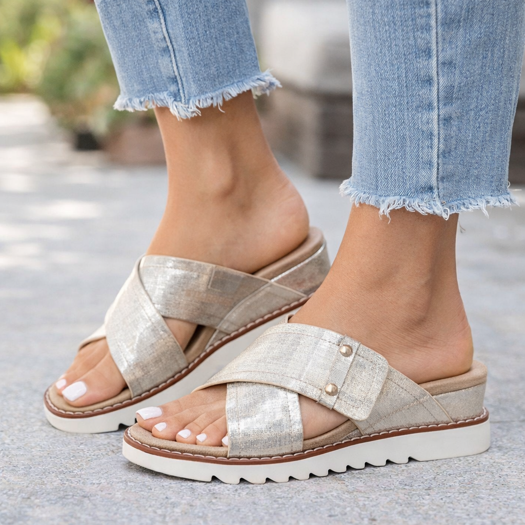 	Pierre Dumas EXPAND-5 metallic wedge sandals with crisscross straps