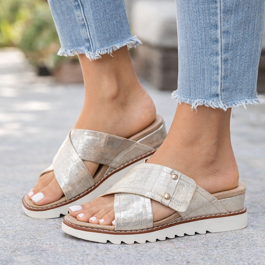 	Pierre Dumas EXPAND-5 metallic wedge sandals with crisscross straps