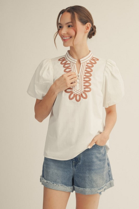 Embroidered puff sleeve button-up women’s top