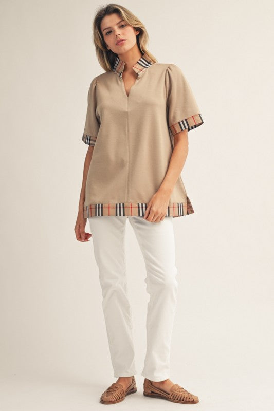 Taupe Plaid Accent Top - Twisted Sisters Shoetique