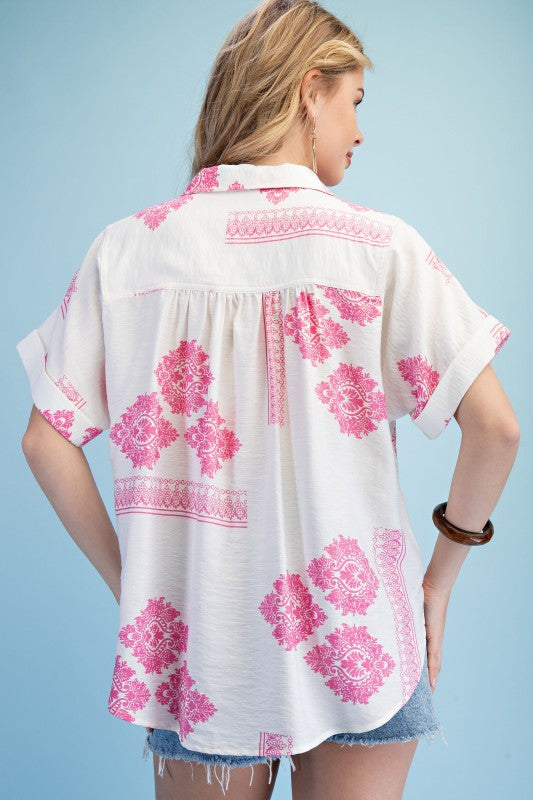 Printed Button Down Shirt-Pink - Twisted Sisters Shoetique