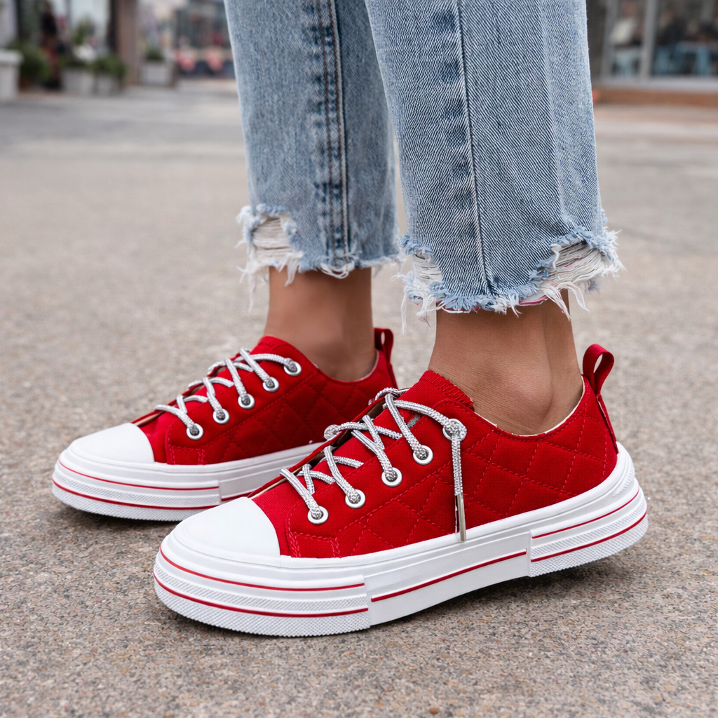 Aman quilted platform sneakers with sparkle laces side view