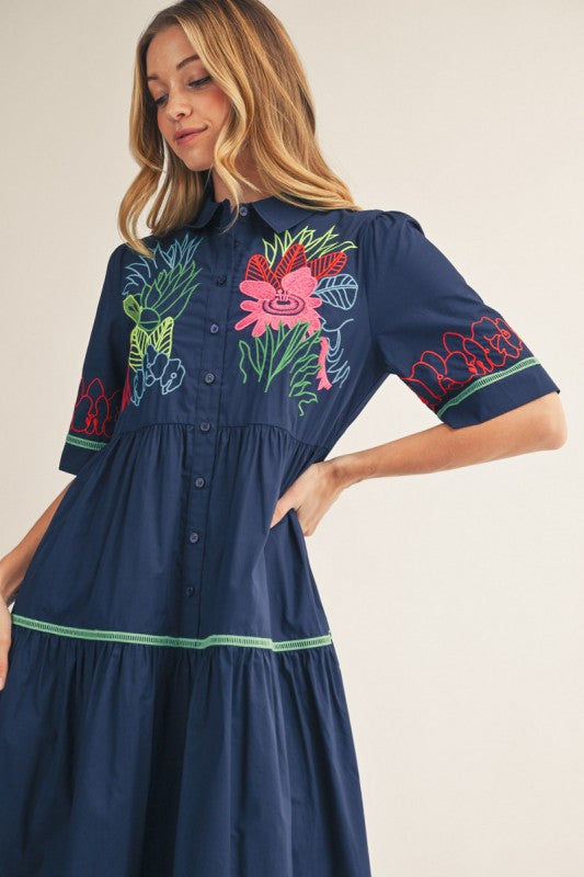 Navy Embroidered Tiered Midi Dress