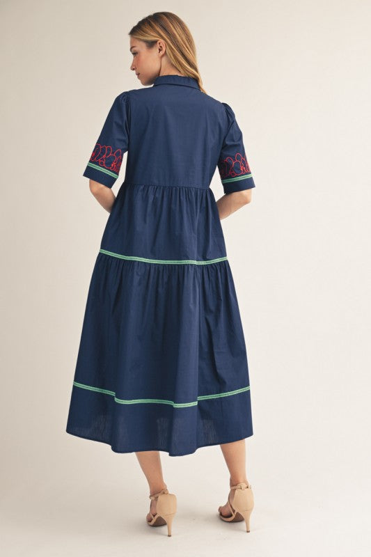 Navy Embroidered Tiered Midi Dress