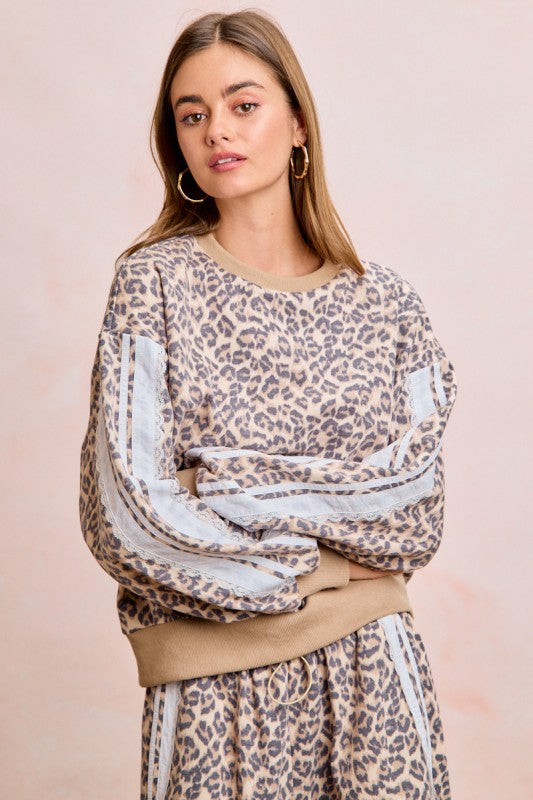 Leopard French Terry Lace Contrast Pullover
