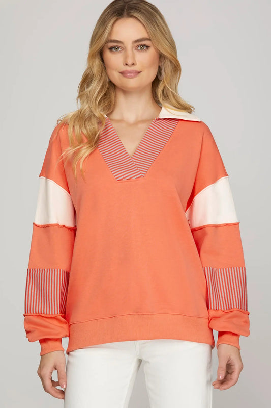 V Neck Color Block Pullover
