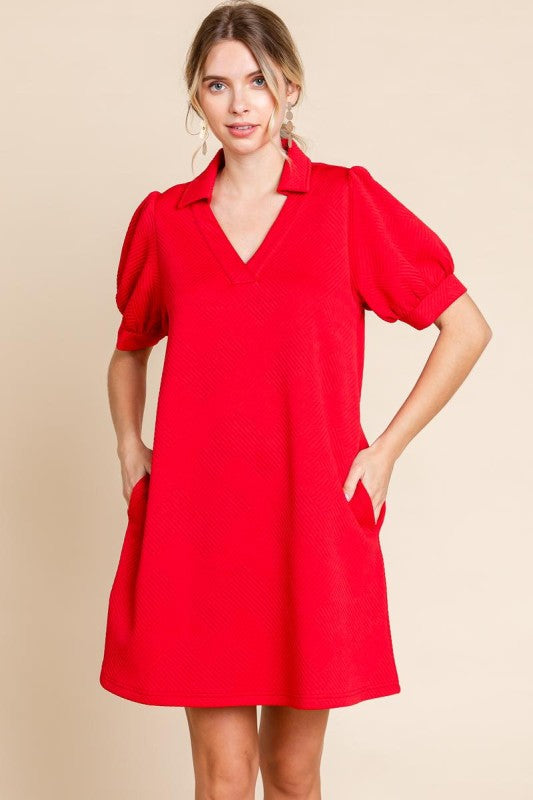 Women’s red textured dress from Twisted Sisters Shoetique in Waco Texas