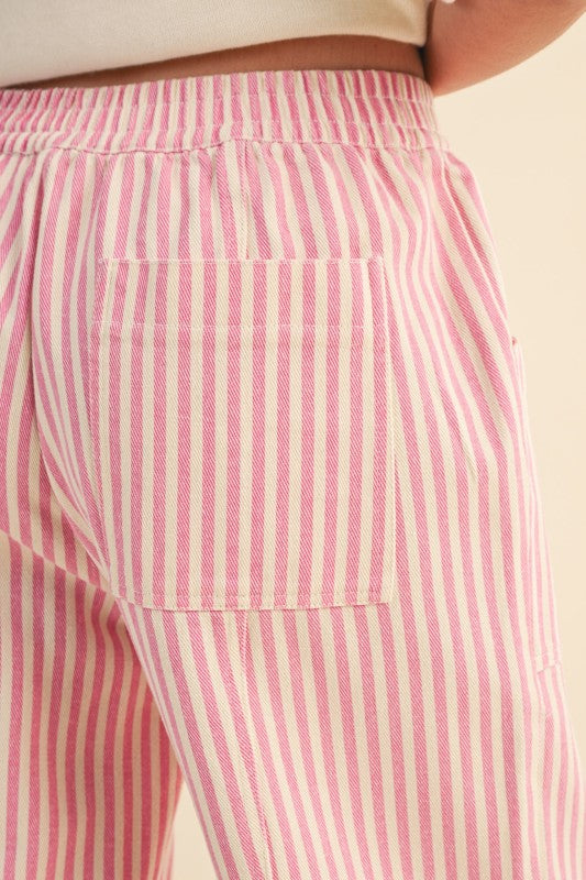 Pink Striped Wide Leg Drawstring Pants