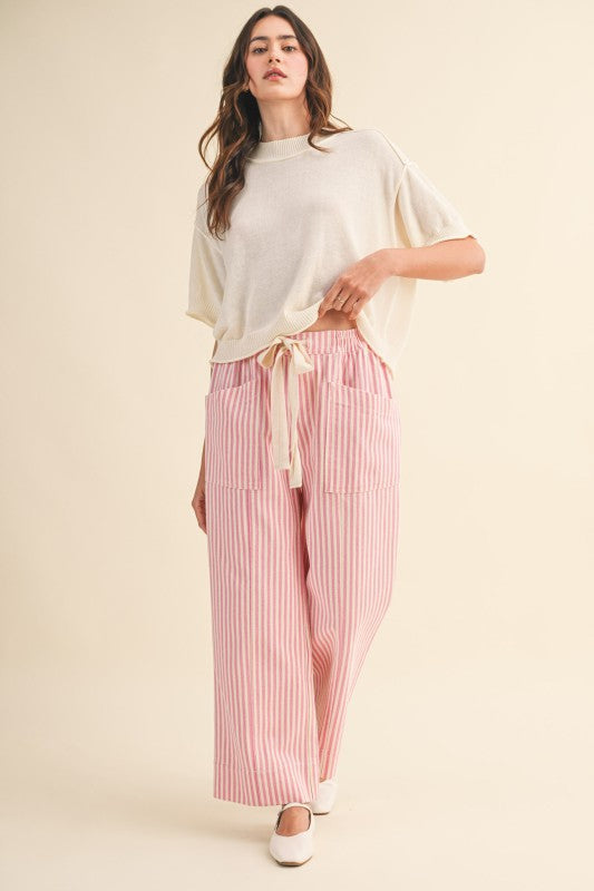 Pink Striped Wide Leg Drawstring Pants