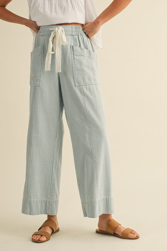 Light Blue Striped Cropped Wide Leg Drawstring Pants