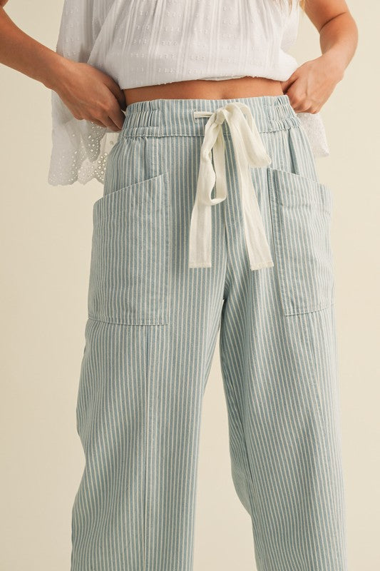 Light Blue Striped Cropped Wide Leg Drawstring Pants