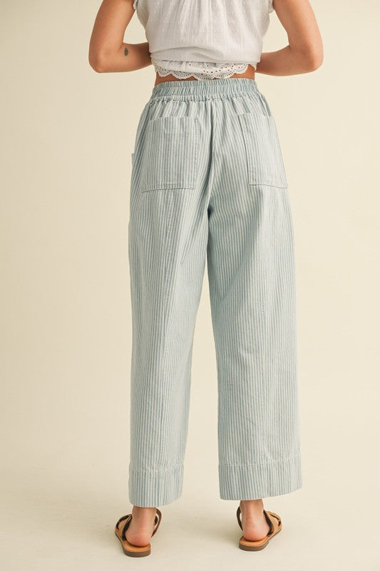 Light Blue Striped Cropped Wide Leg Drawstring Pants