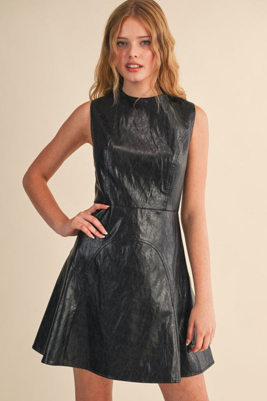 Black Faux Leather Flared Mini Dress