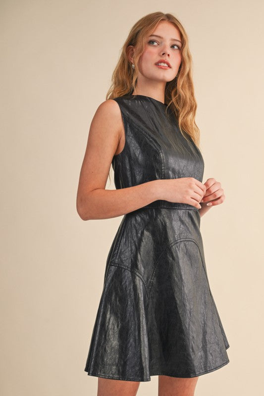 Black Faux Leather Flared Mini Dress