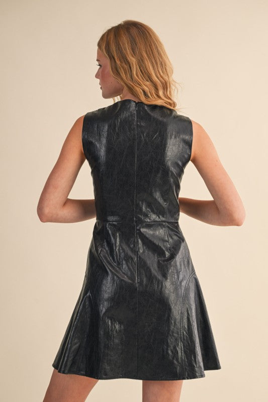 Black Faux Leather Flared Mini Dress