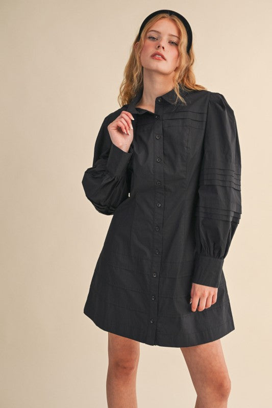 Black Pin Tuck Button Down Mini Dress